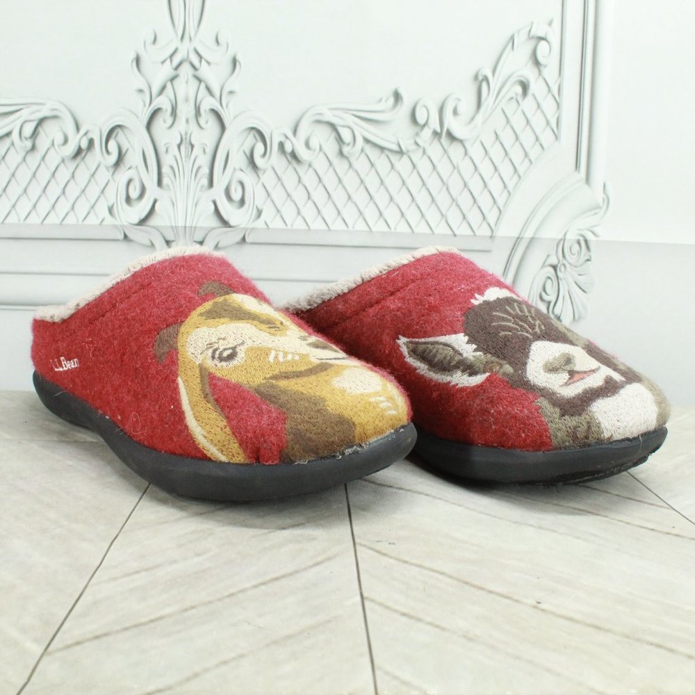 LL Bean Red Wool Daybreak Goat Motif Fleece Scuffs Slippers Size 7 Medium - Picture 4 of 8